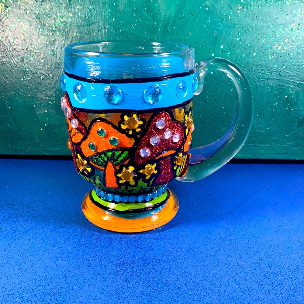 Fun Trippy Sparkly Mushroom & Flower Heavy Mug Hand-Painted by Love, Marcy Arts
